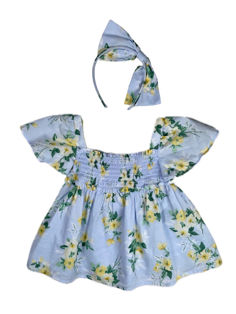 2/2T, Janie and Jack, Blue, Smocked yellow floral blouse + headband SET