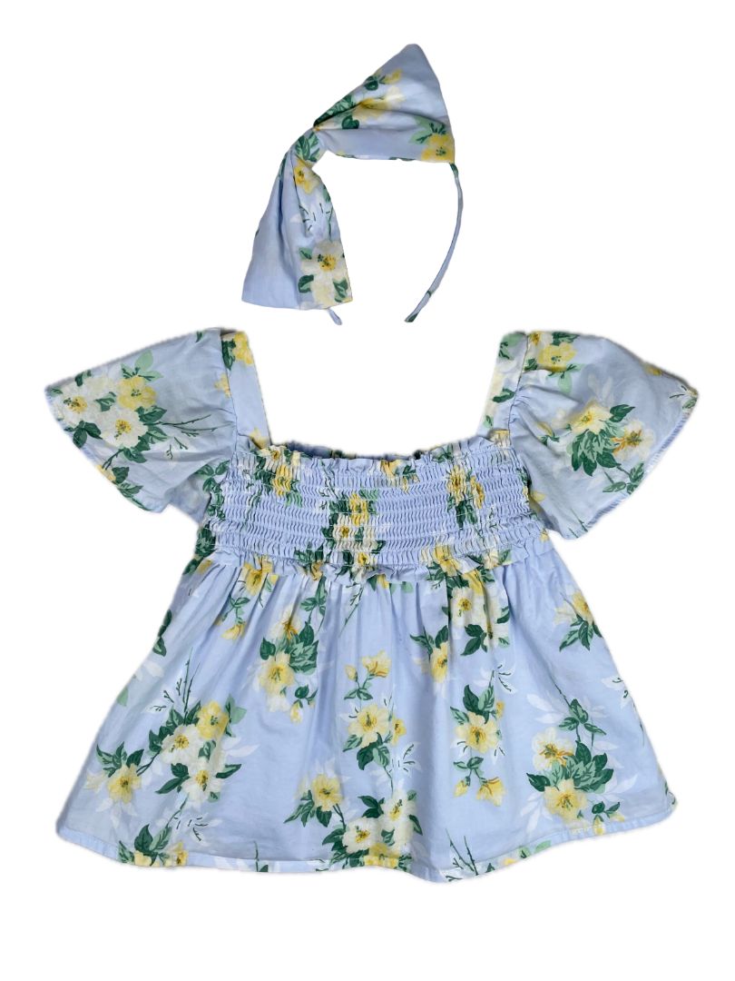 2/2T, Janie and Jack, Blue, Smocked yellow floral blouse + headband SET