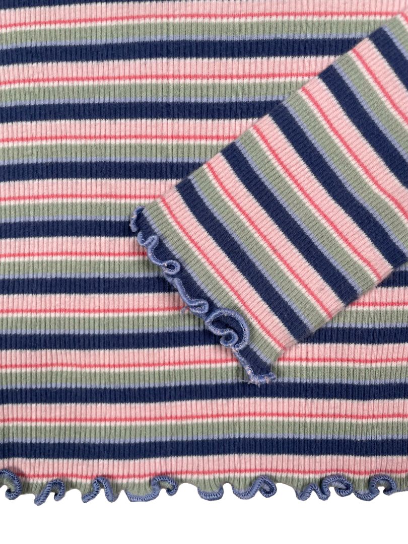 5/5T, OshKosh B'Gosh, Blue, Striped ribbed long-sleeve shirt, ruffle hems, pink/green/white