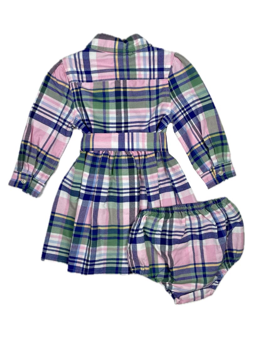 9 mo, Ralph Lauren, Pink, New w/ tags - Plaid cotton madras shirtdress + bloomer SET