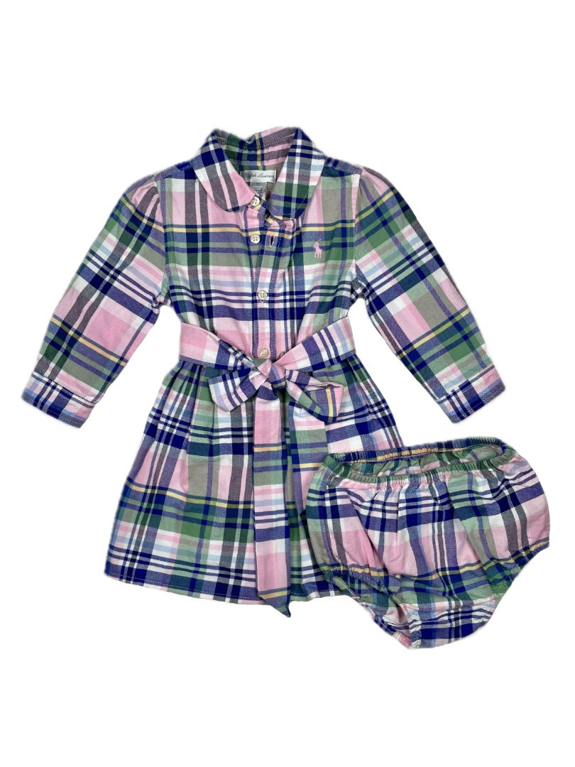 9 mo, Ralph Lauren, Pink, New w/ tags - Plaid cotton madras shirtdress + bloomer SET