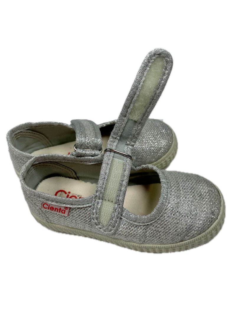 size 6.5, Cienta, Silver, Sparkly mary jane sneakers, velcro strap