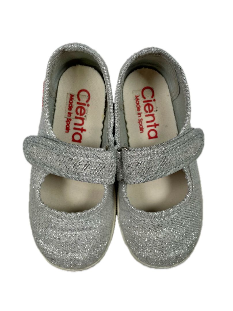size 6.5, Cienta, Silver, Sparkly mary jane sneakers, velcro strap