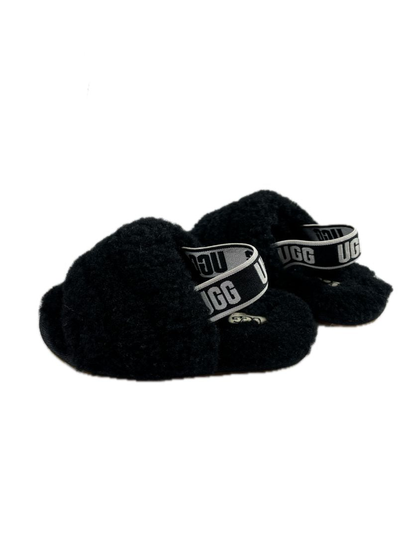 Size 7, UGG, Black, Fluff Yeah sheepskin slides / sandals