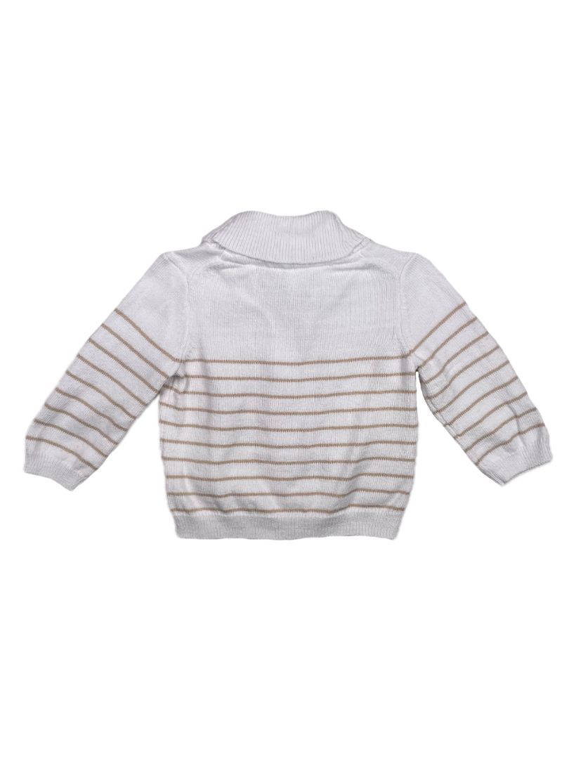 3-6 mo, Janie and Jack, White, Shawl collar tan-striped cardigan w/ turtle