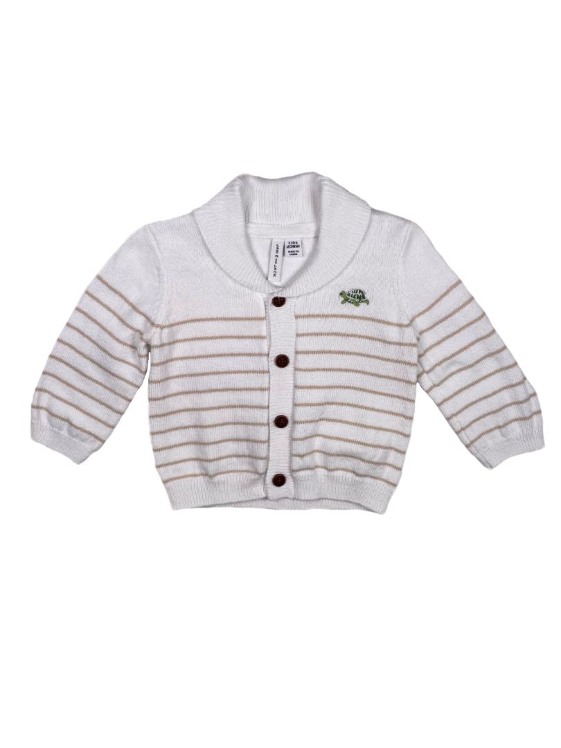 3-6 mo, Janie and Jack, White, Shawl collar tan-striped cardigan w/ turtle