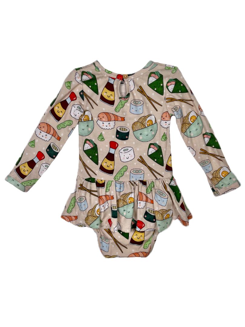 6-12 mo, Bums & Roses, Neutral, Sushi print long-sleeve bamboo dress w/ bodysuit