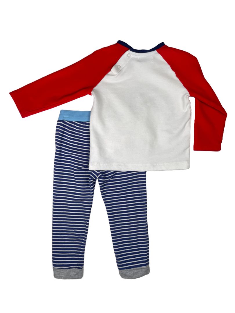 18-24 mo, Boden, Blue, Appliqué dinosaurs baseball shirt + striped drawstring sweatpants SET