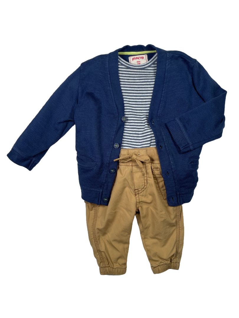 12 mo, Play Up, Blue, Button-up cardigan, green trim