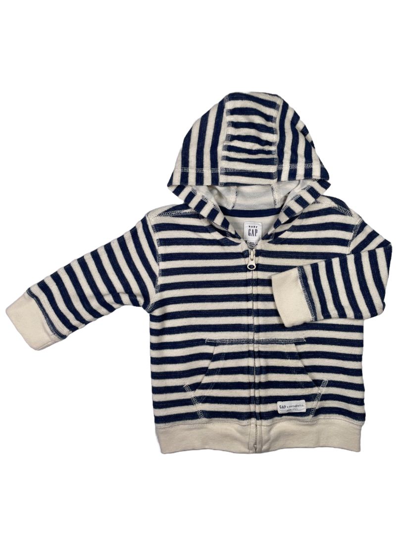 6-12 mo, babyGap, Cream, Navy striped zip-up hoodie, front pocket