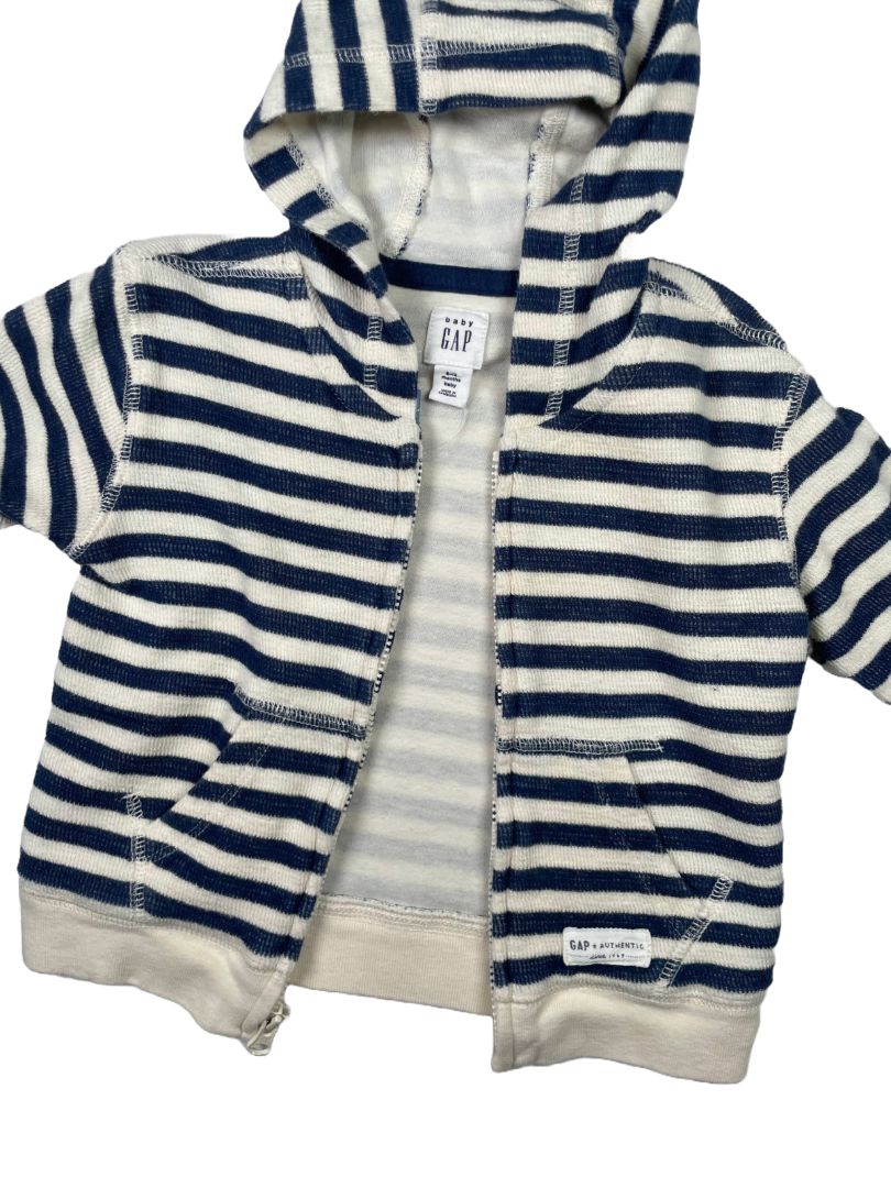 6-12 mo, babyGap, Cream, Navy striped zip-up hoodie, front pocket