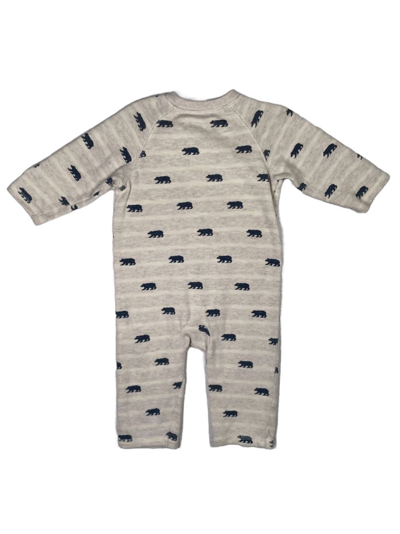 3-6 mo, Hatley, Cream, Striped navy bear print button-up coverall