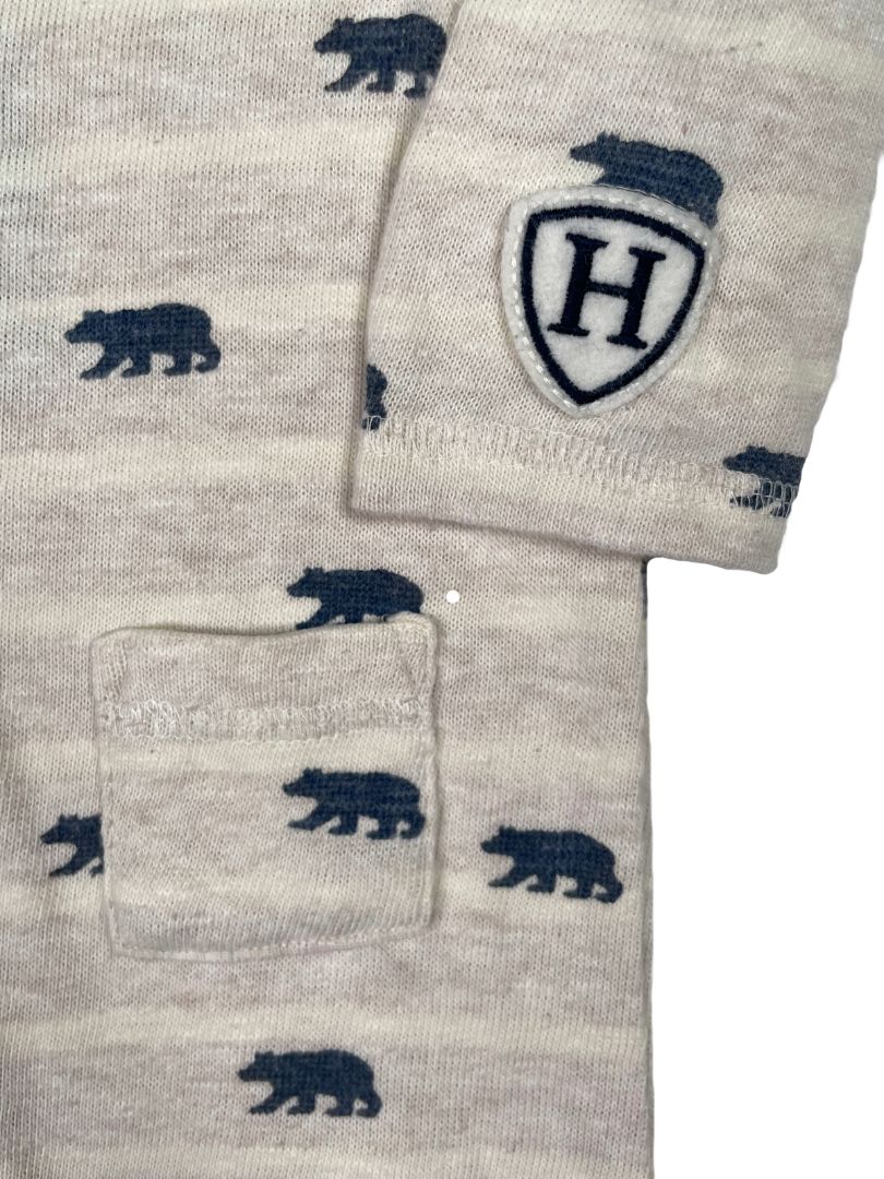 3-6 mo, Hatley, Cream, Striped navy bear print button-up coverall