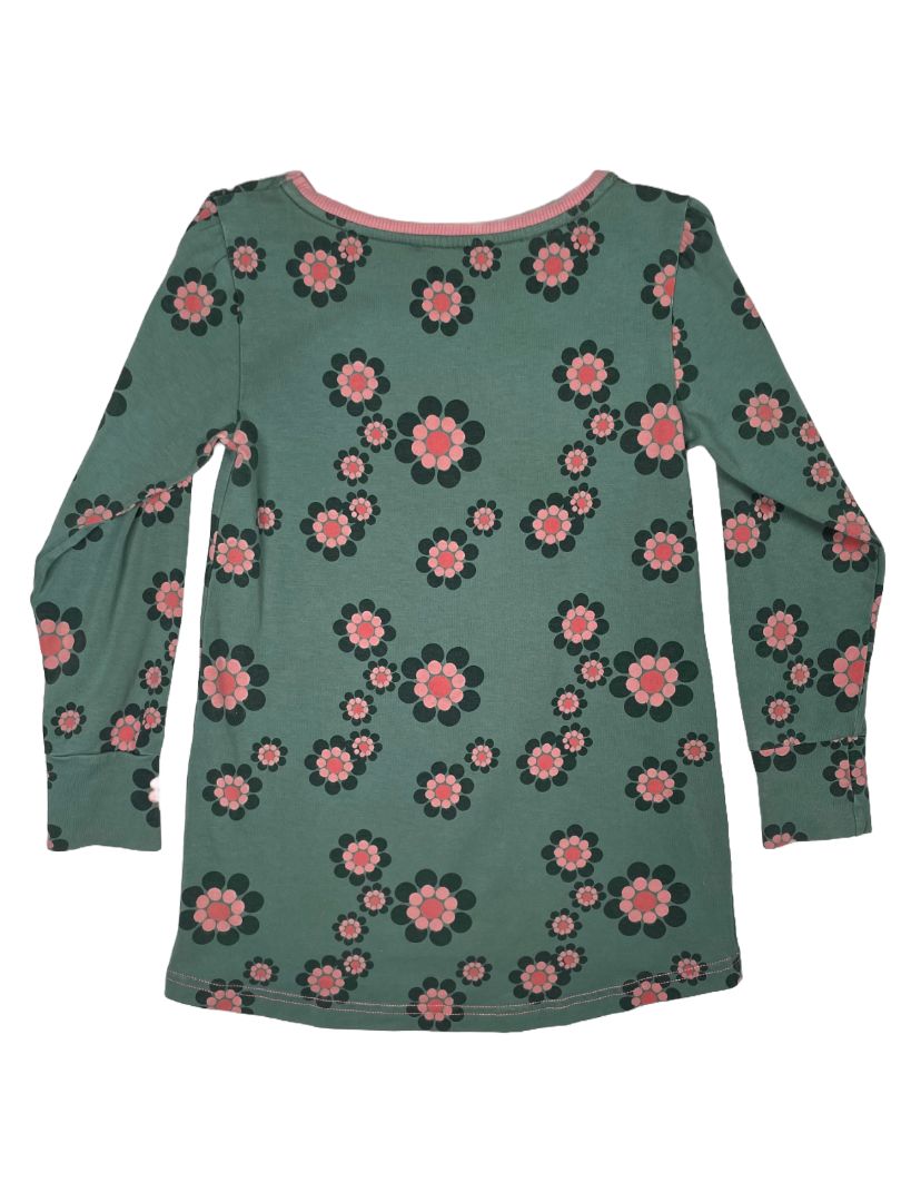 3-4, Alba of Denmark, Green, Long-sleeve dress, pink circle flowers, cotton + stretch