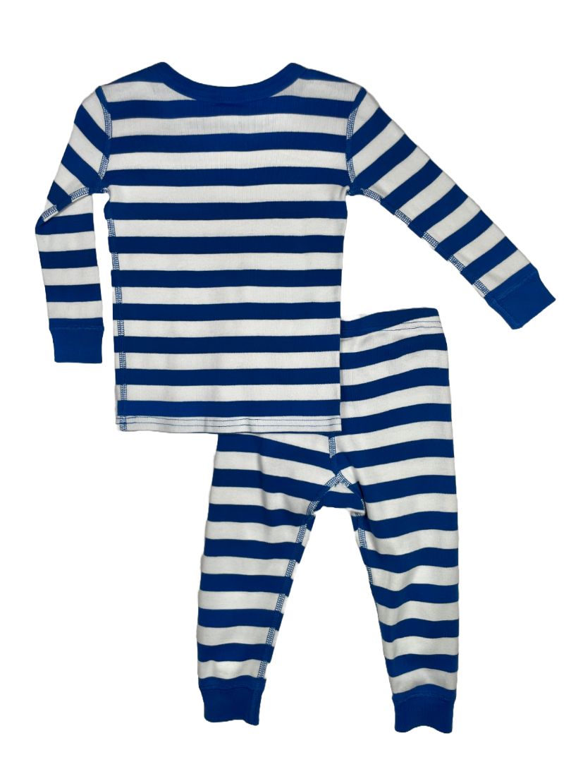 2/2T, Hanna Andersson, White, Blue-striped long-sleeve shirt + pants pajama SET