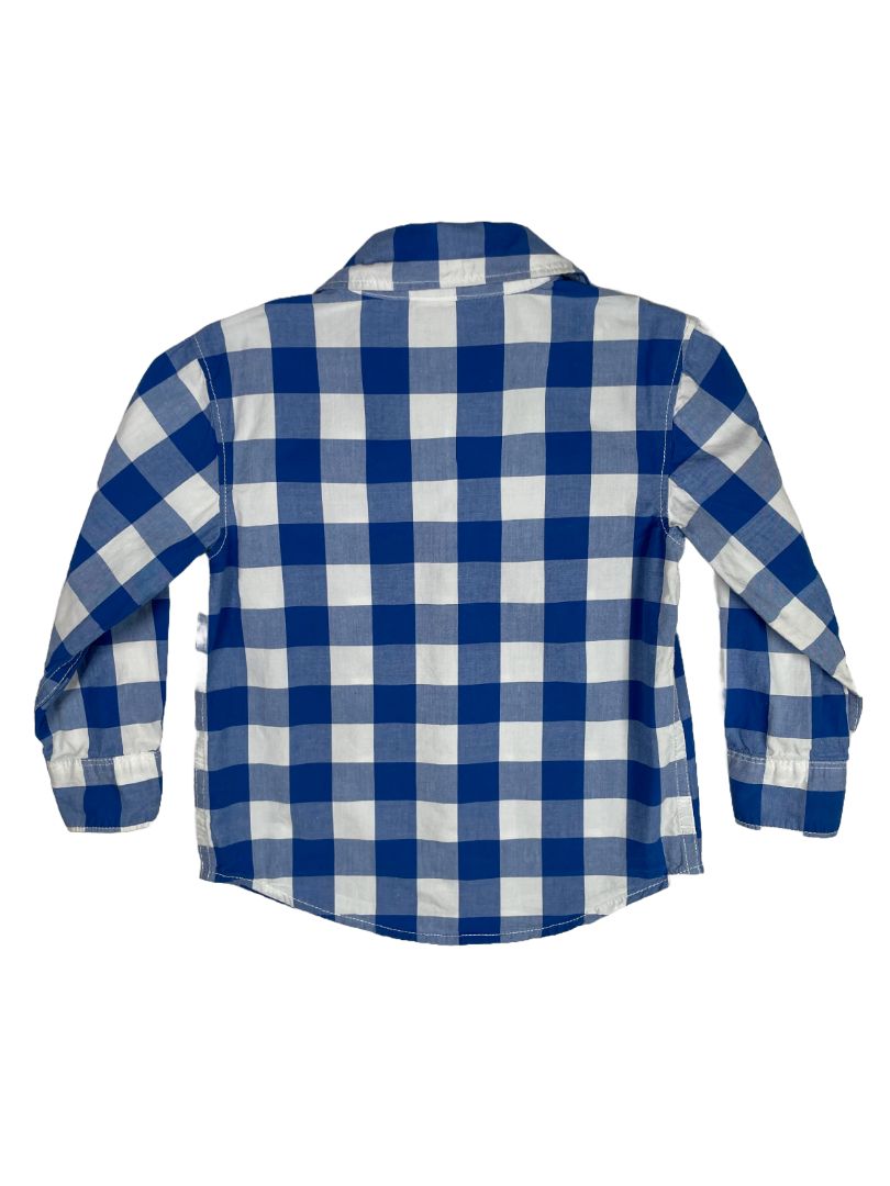 3/3T, Carter's, Blue, Large gingham print button-up shirt, dog emblem, white