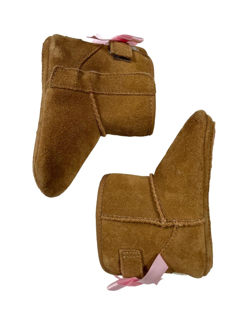 Size 4-5, UGG, Brown, Suede boots, wool blend lining, 2 hook-and-loop closures, pink bows on back