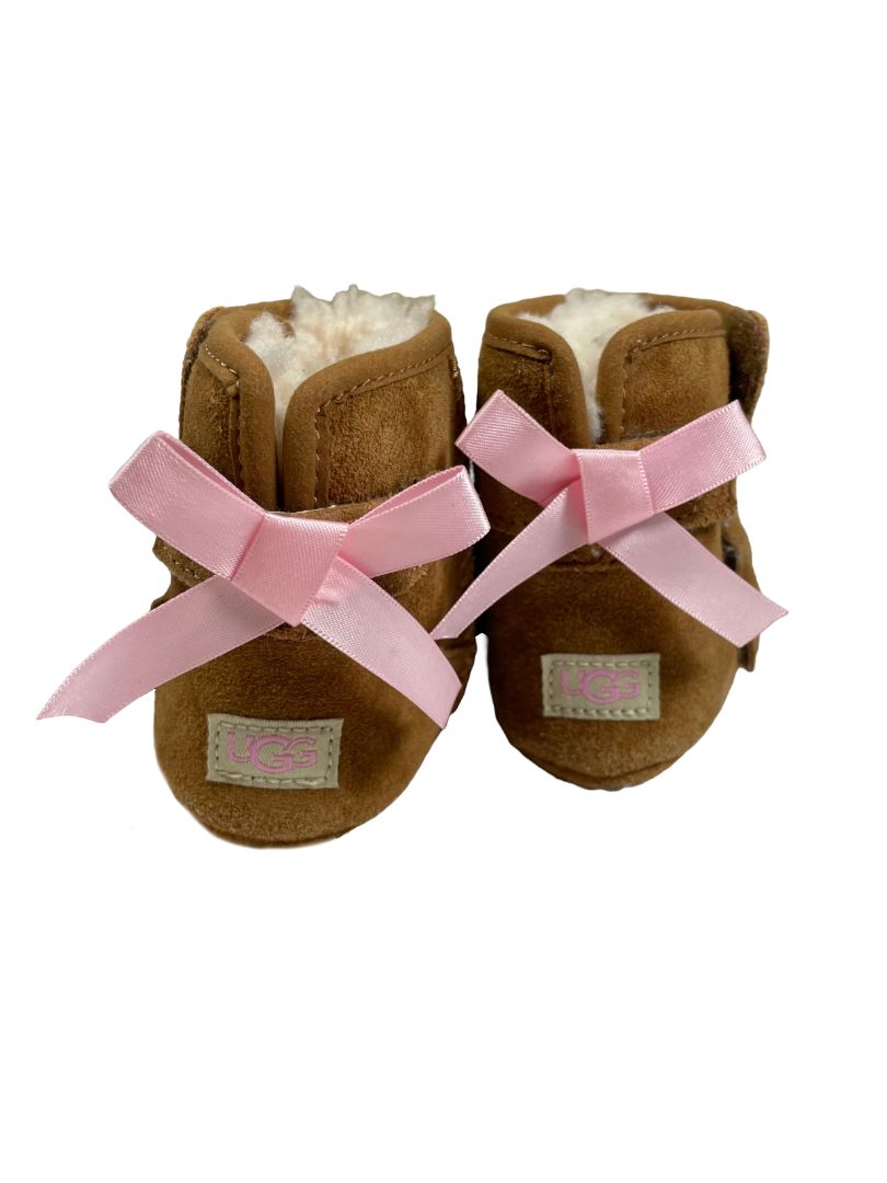 Size 4-5, UGG, Brown, Suede boots, wool blend lining, 2 hook-and-loop closures, pink bows on back