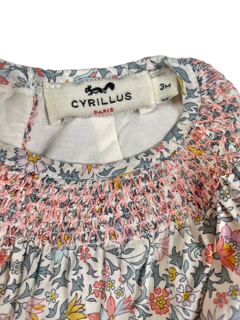 3 mo, Cyrillus, Cream, Liberty fabric floral jumpsuit, smocked neckline, snap legs