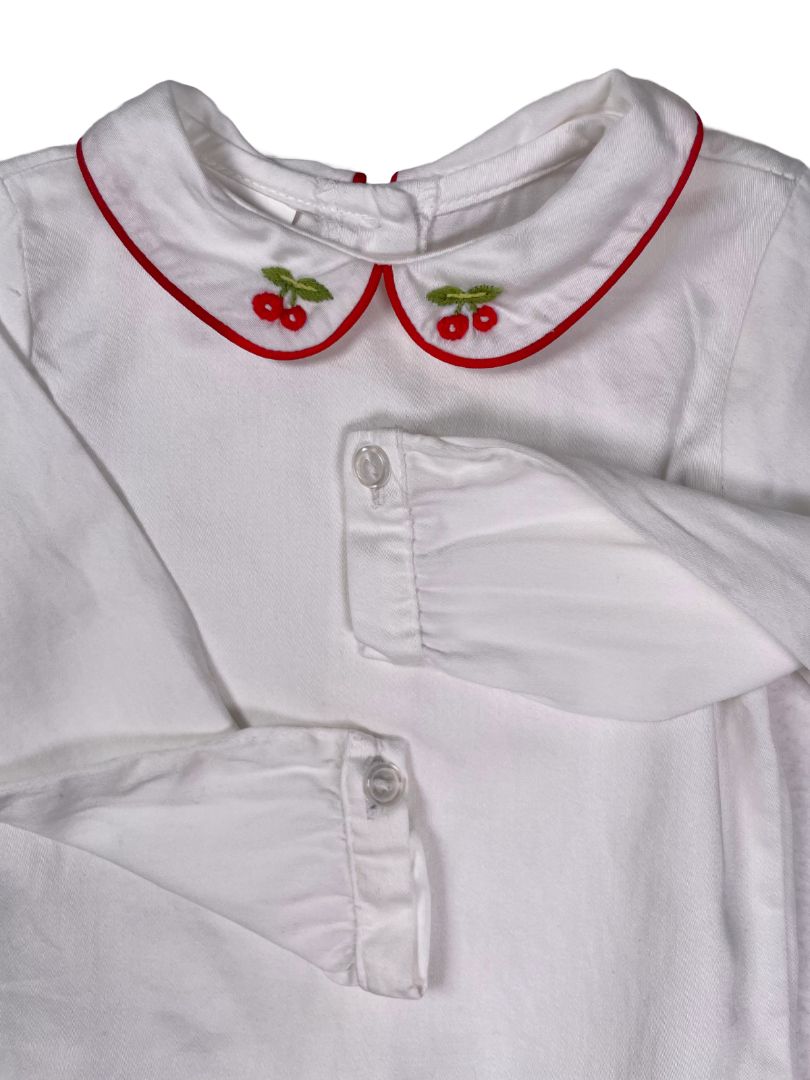 6 mo, Creation Imaho, White, Long-sleeve blouse w/ red piped peter pan collar, embroidered cherries