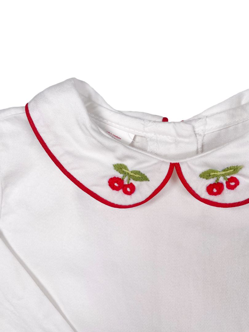 6 mo, Creation Imaho, White, Long-sleeve blouse w/ red piped peter pan collar, embroidered cherries