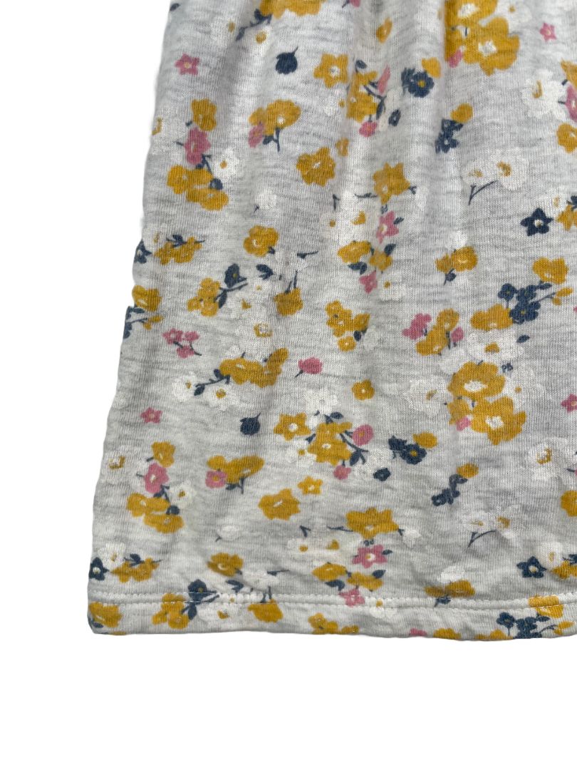 18 mo, Petit Bateau, Grey, Yellow/pink floral long-sleeve heavy cotton dress, silver lined ruffles at chest
