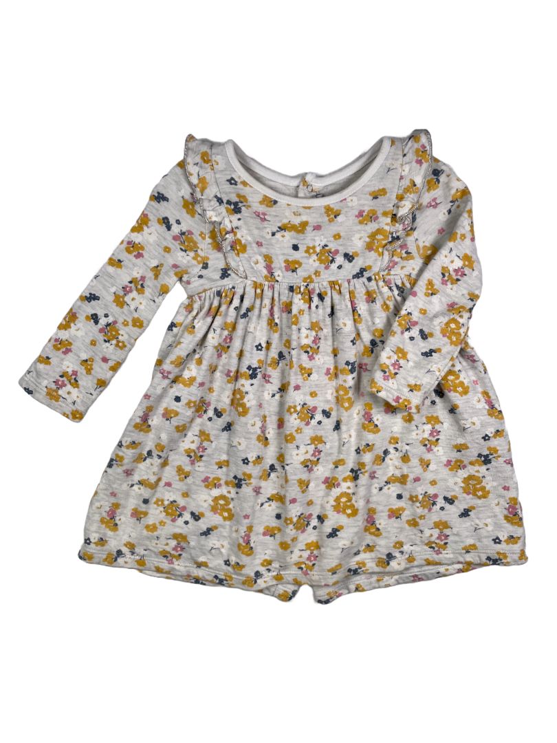 18 mo, Petit Bateau, Grey, Yellow/pink floral long-sleeve heavy cotton dress, silver lined ruffles at chest