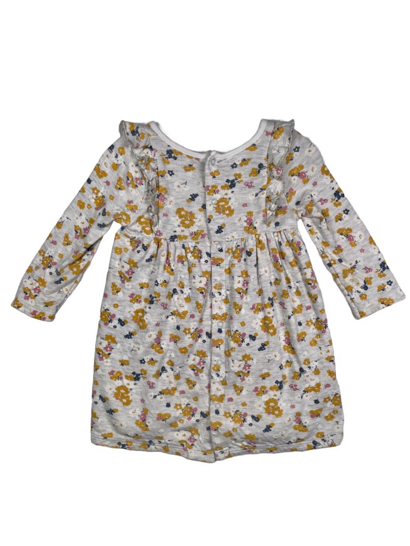 18 mo, Petit Bateau, Grey, Yellow/pink floral long-sleeve heavy cotton dress, silver lined ruffles at chest