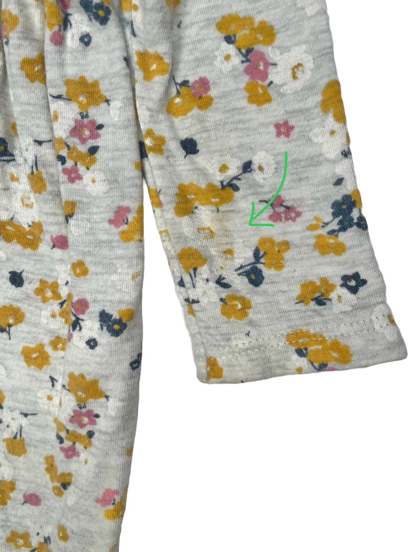 18 mo, Petit Bateau, Grey, Yellow/pink floral long-sleeve heavy cotton dress, silver lined ruffles at chest