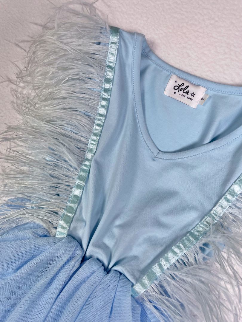 6, Lola + The Boys, Blue, Sleeveless dress with feathers at chest and tiered handkerchief tulle skirt