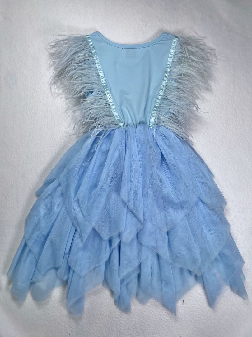6, Lola + The Boys, Blue, Sleeveless dress with feathers at chest and tiered handkerchief tulle skirt