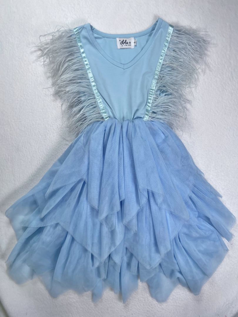 6, Lola + The Boys, Blue, Sleeveless dress with feathers at chest and tiered handkerchief tulle skirt