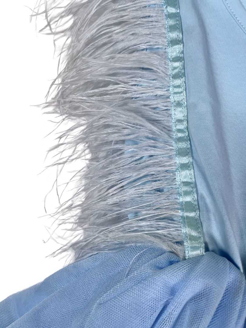 6, Lola + The Boys, Blue, Sleeveless dress with feathers at chest and tiered handkerchief tulle skirt