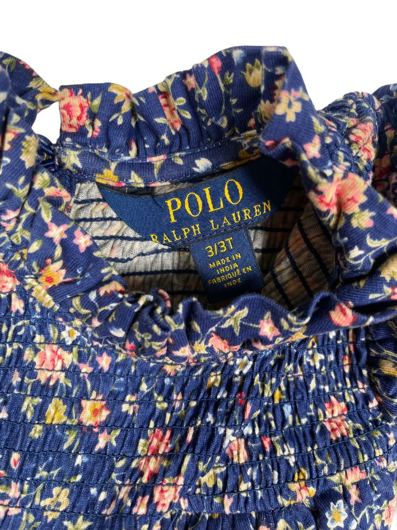 3/3T, Polo Ralph Lauren, Blue, Floral smocked yoke 3/4 sleeve blouse