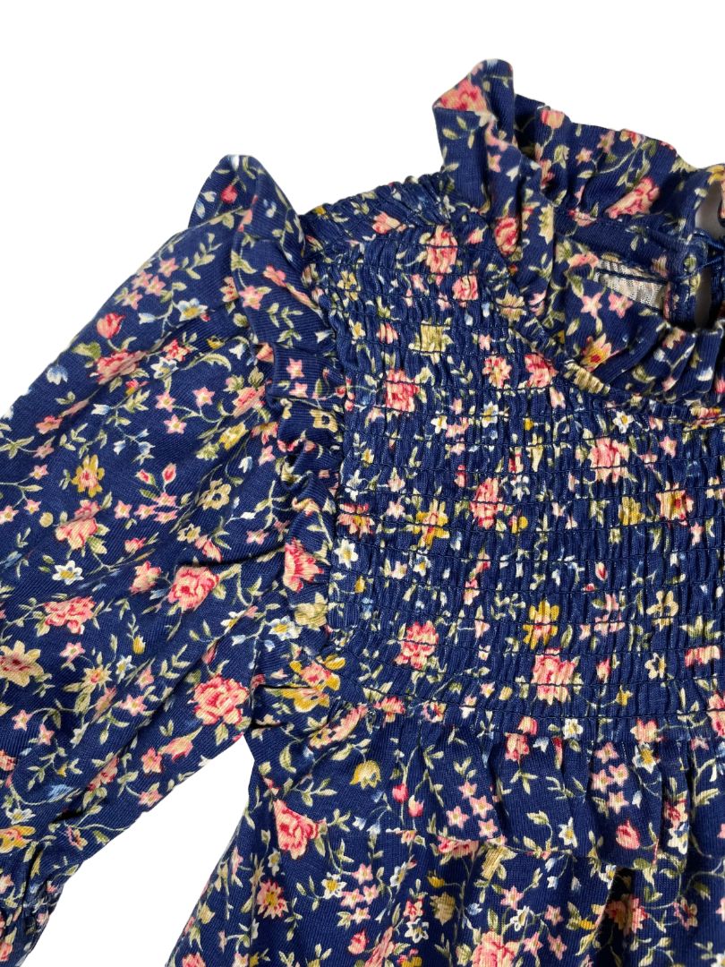 3/3T, Polo Ralph Lauren, Blue, Floral smocked yoke 3/4 sleeve blouse