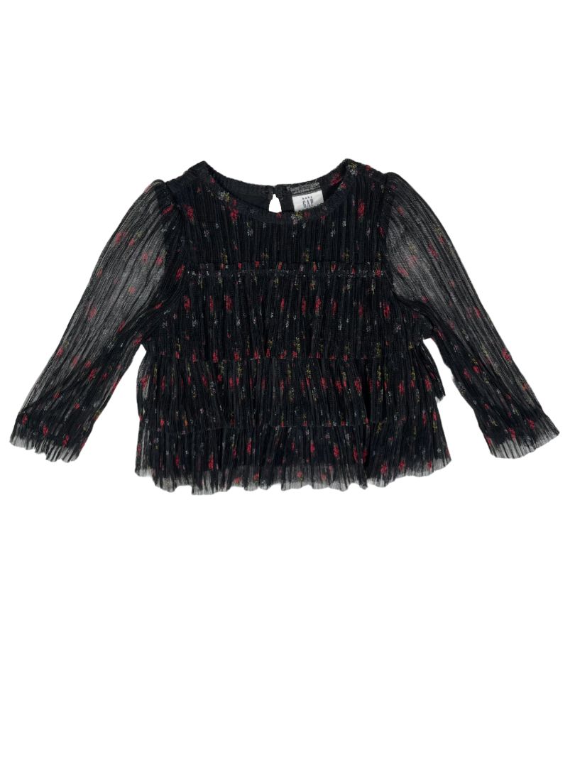 6-12 mo, babyGap, Black, Floral long-sleeve tiered pleated tulle blouse
