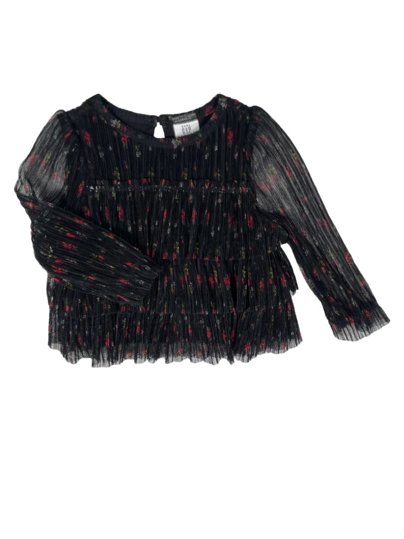 6-12 mo, babyGap, Black, Floral long-sleeve tiered pleated tulle blouse