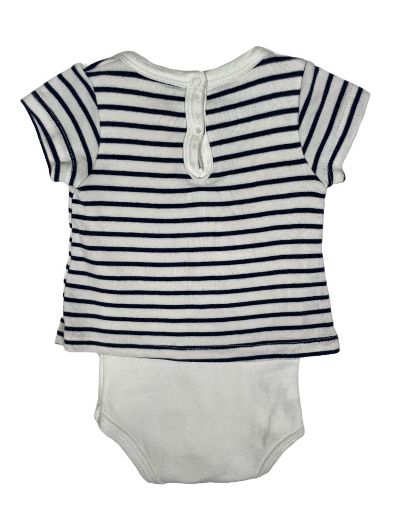 3 mo, Petit Bateau, White, Short-sleeve navy striped layered bodysuit w/ puppy