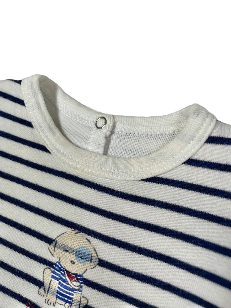 3 mo, Petit Bateau, White, Short-sleeve navy striped layered bodysuit w/ puppy