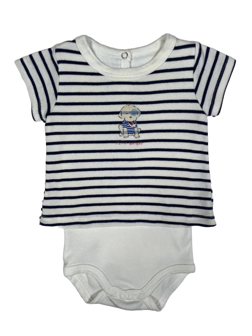 3 mo, Petit Bateau, White, Short-sleeve navy striped layered bodysuit w/ puppy