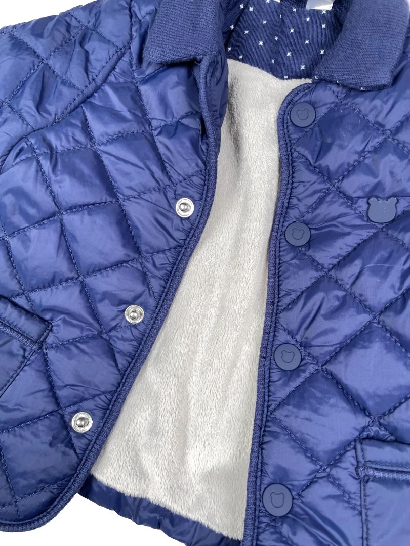 1-2 mo, Mayoral, Blue, Lightly padded quilted jacket w/ collar, snaps, & velour lining