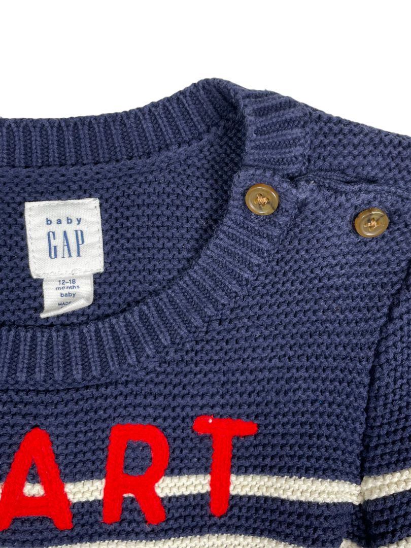 12-18 mo, babyGap, Blue, "Heart Breaker" fisherman knit sweater, white stripes