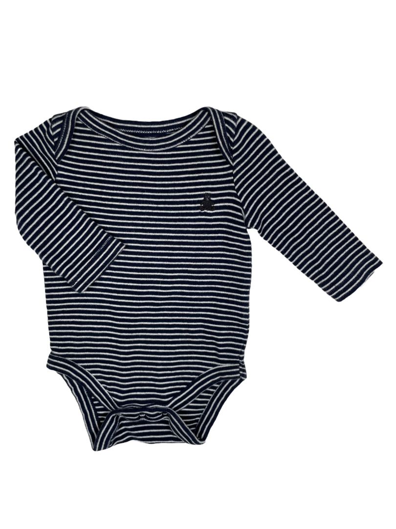 0-3 mo, babyGap, White, Navy striped long-sleeve bodysuit, blue embroidered bear