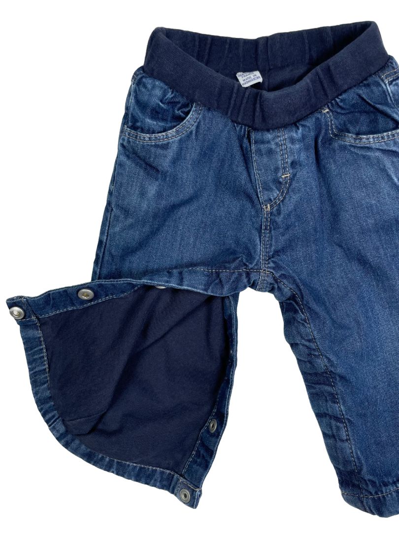 6 mo, Petit Bateau, Blue, Cotton-lined pull-on jeans, snap legs