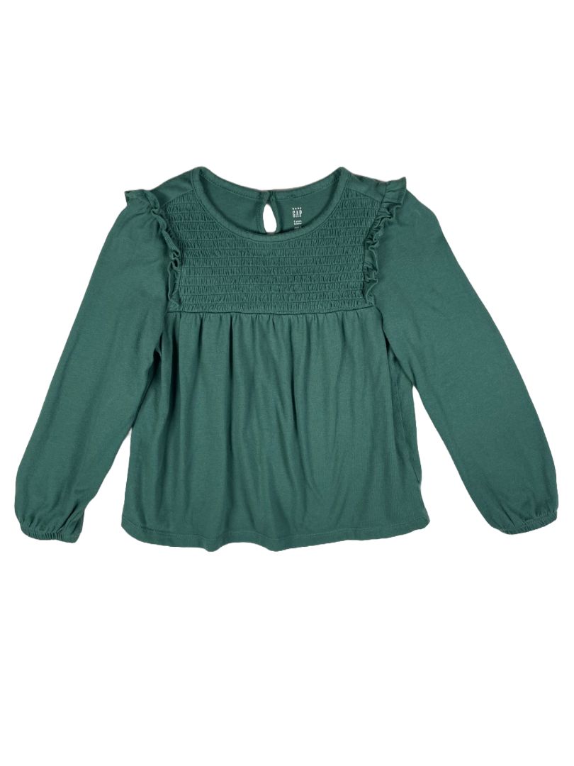 5/5T, babyGap, Green, Long-sleeve shirt, smocking at yoke, ruffles at shoulders