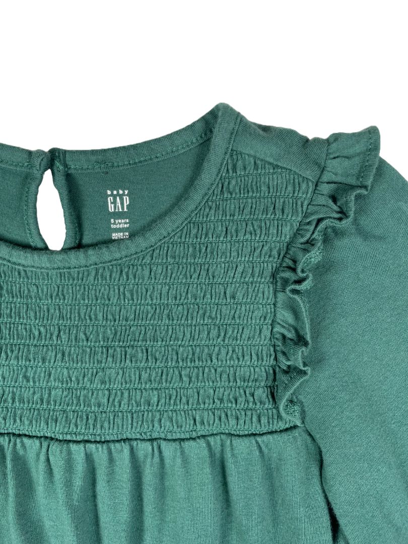5/5T, babyGap, Green, Long-sleeve shirt, smocking at yoke, ruffles at shoulders