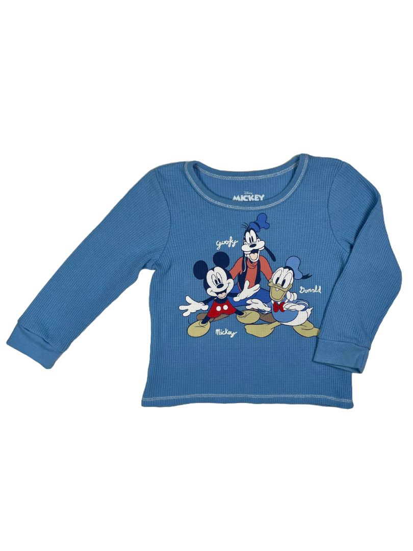3/3T, Disney, Blue, Mickey Mouse, Goofy, Donald Duck waffle-knit long-sleeve shirt