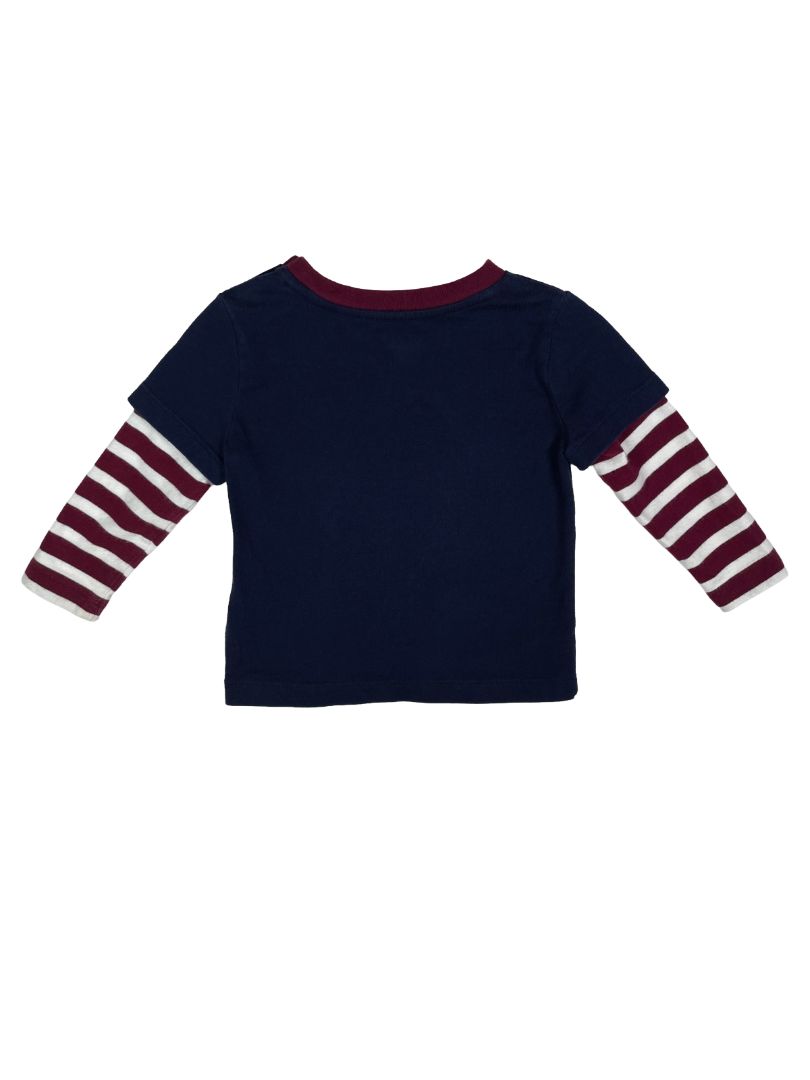12-18 mo, babyGap, Blue, Layered t-shirt, purple/white striped long sleeves, pocket