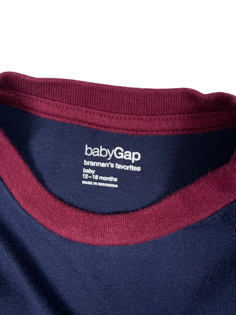 12-18 mo, babyGap, Blue, Layered t-shirt, purple/white striped long sleeves, pocket