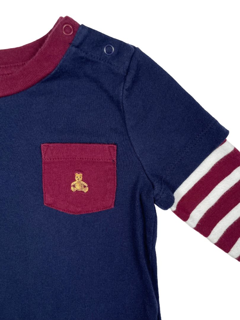 12-18 mo, babyGap, Blue, Layered t-shirt, purple/white striped long sleeves, pocket